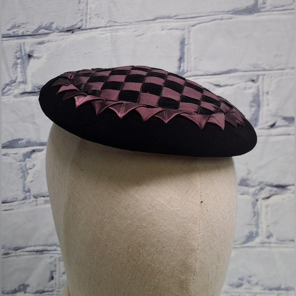 Bonwitt Teller Women's Hat Velvet Check Purple Black Vintage 70s 60s - Picture 7 of 12